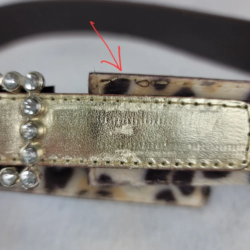 Vintage Womens Leopard Calf Hair Belt Gold Rhinestone Buckle Small Animal Print